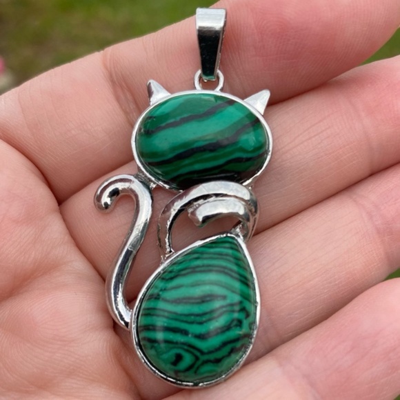 Jewelry - 27 ❤️ Malachite Kitty Cat Natural Gemstone Crystal Stone Pendant Necklace